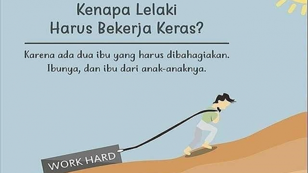 The image shows a man pulling a heavy load up a hill. The text on the image reads, "Kenapa Lelaki Harus Bekerja Keras? Karena ada dua ibu yang harus dibahagiakan. Ibunya, dan ibu dari anak-anaknya." which translates to "Why do men have to work hard? Because there are two mothers who have to be made happy. His mother, and the mother of his children."
